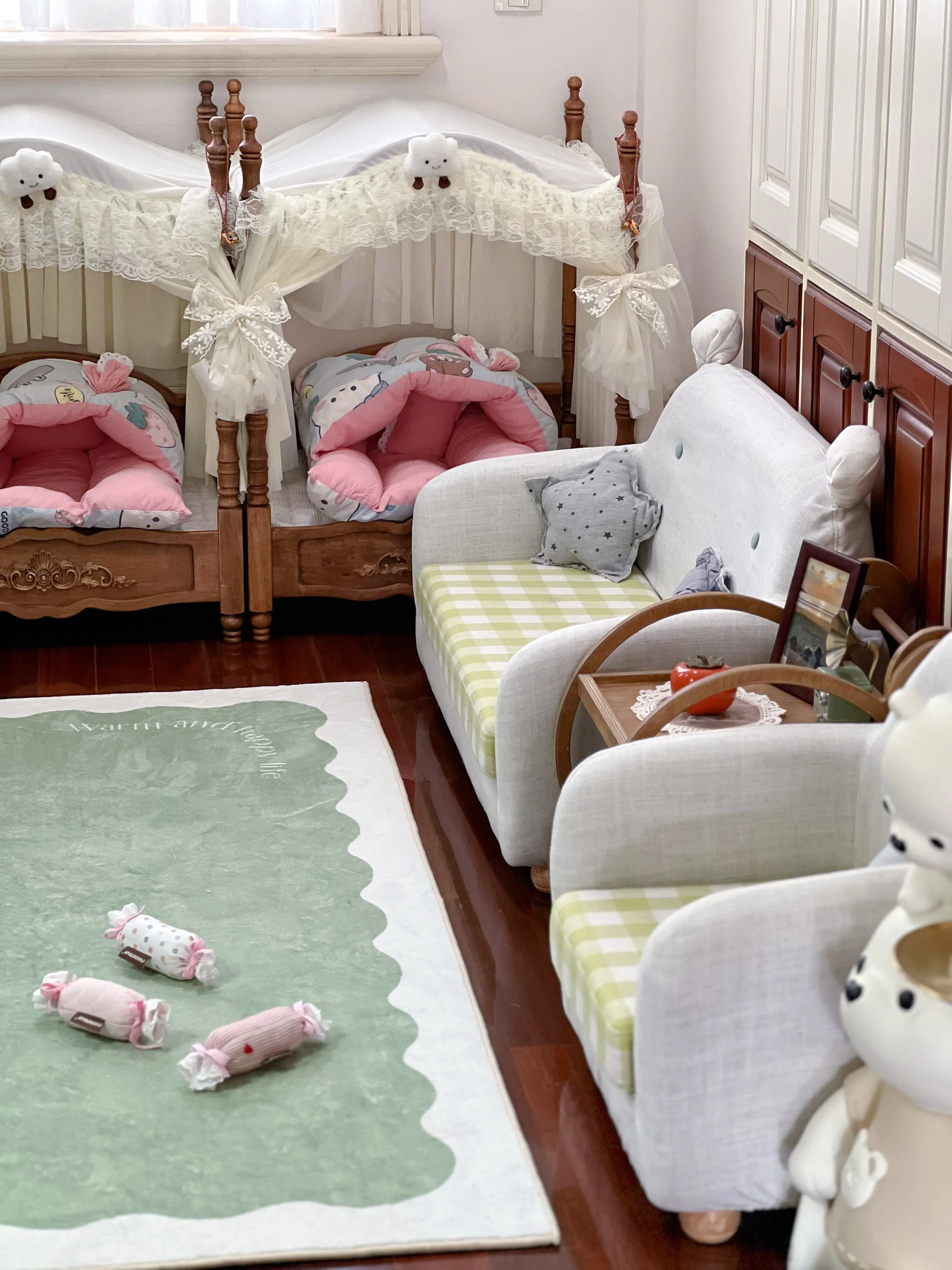 small wooden cat bed with mattress in a customer's home - Canopy Princess Vintage Pet Bed